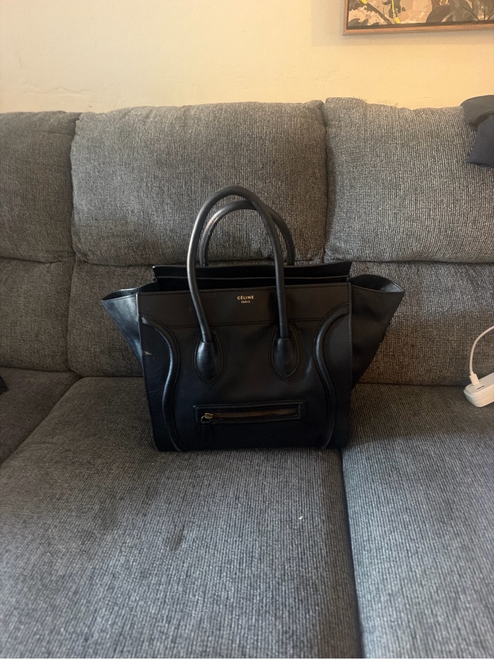 Celine Black Leather Luggage Tote with Gold Accent